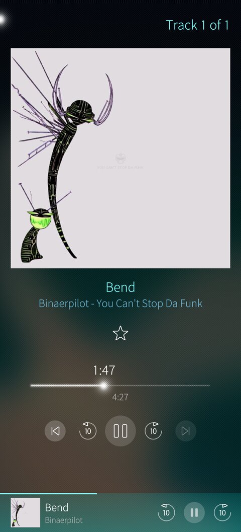 Now playing with cover, seek bar and controls